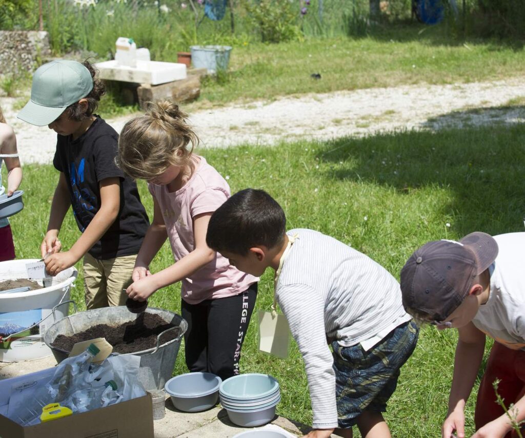 Réalisation de pots de semis avec des graines de plantes mellifères.